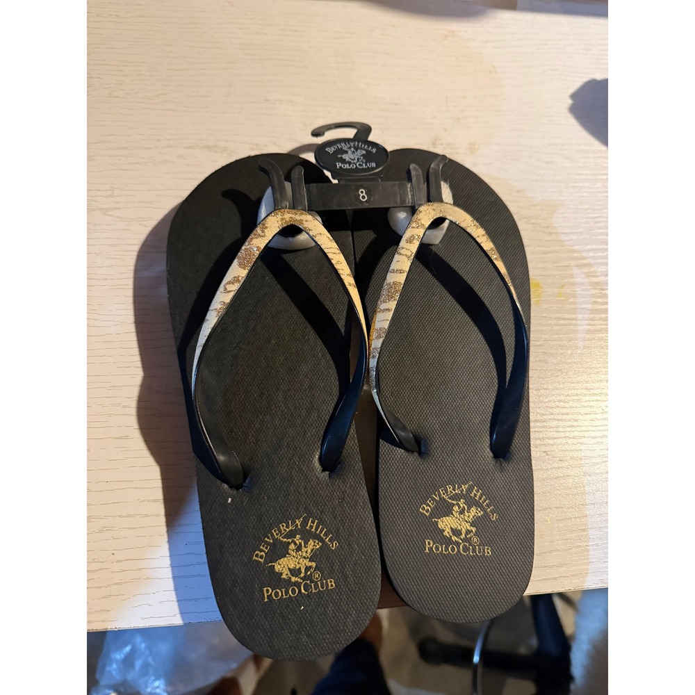 Beverly Hills Polo Club Womens Black Gold Glitter Leopard Flip Flops Size 8
